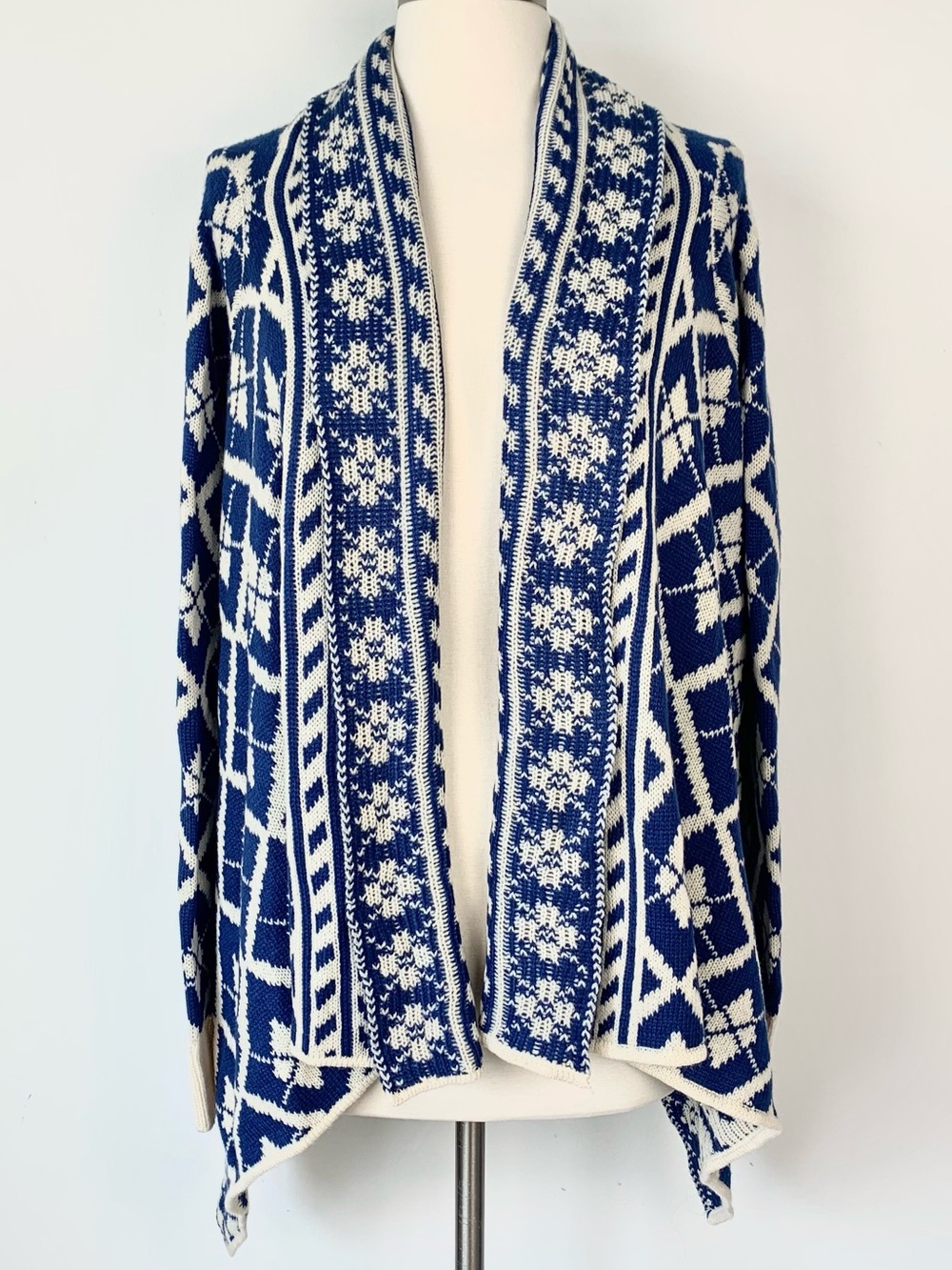 Orange Creek Blue White Geo Print Draped Cardigan Wrap Sweater One Size NWT